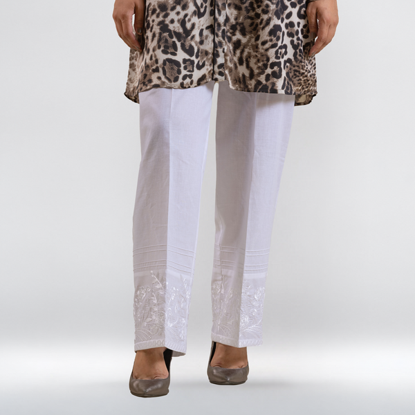WHITE COTTON EMBROIDERED TROUSER