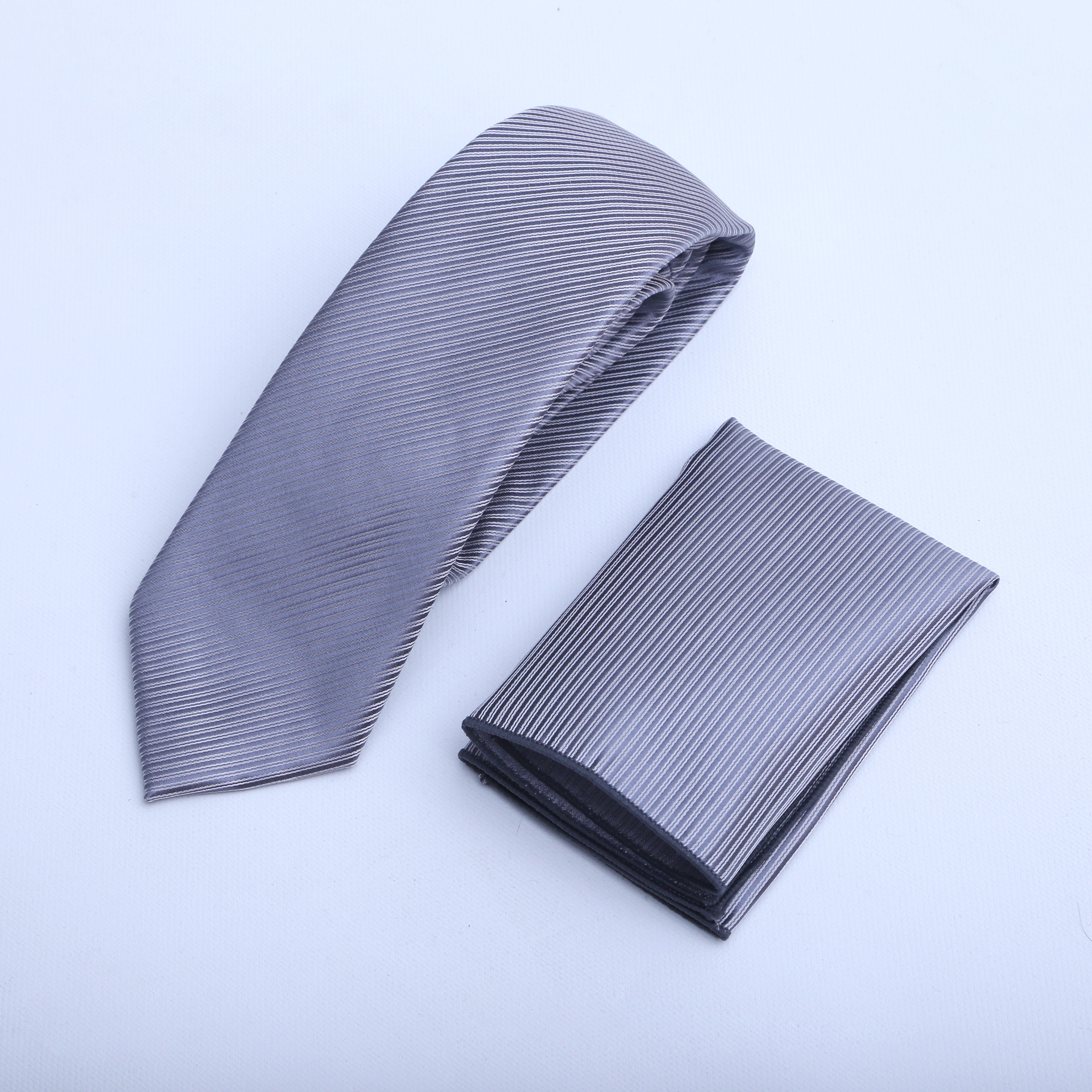 SILVER TIE AND POCKET SQUARE