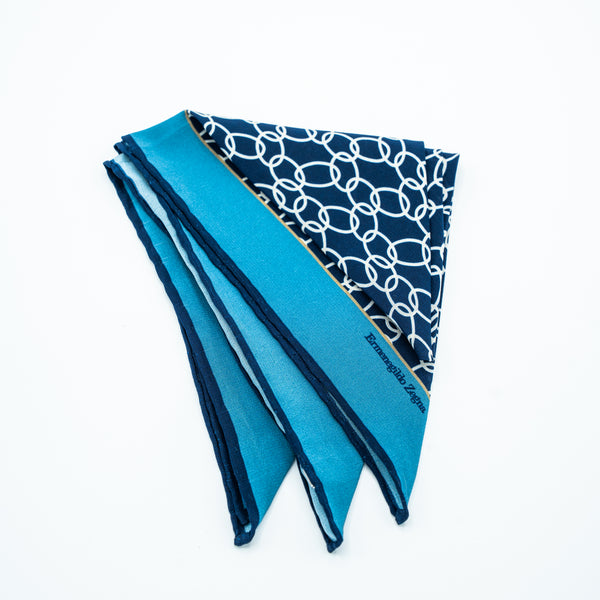 ZEGNA NAVY AND TURQUOISE GEOMETRIC POCKET SQUARE