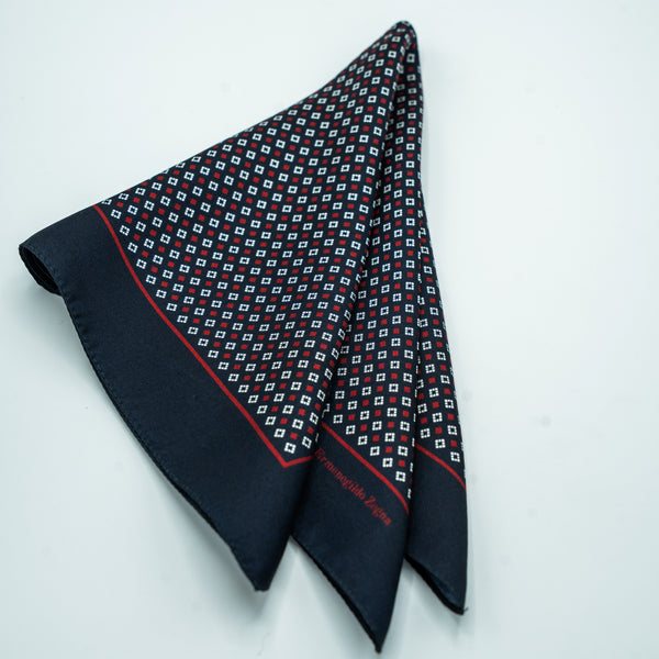 ZEGNA NAVY AND RED GEOMETRIC POCKET SQUARE