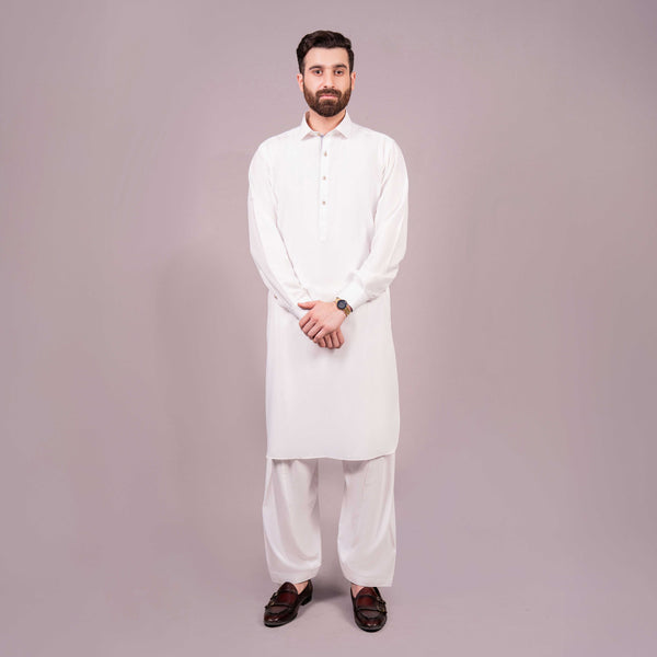 CLASSIC WHITE SHALWAR QAMEEZ WITH FRENCH CUT COLLAR