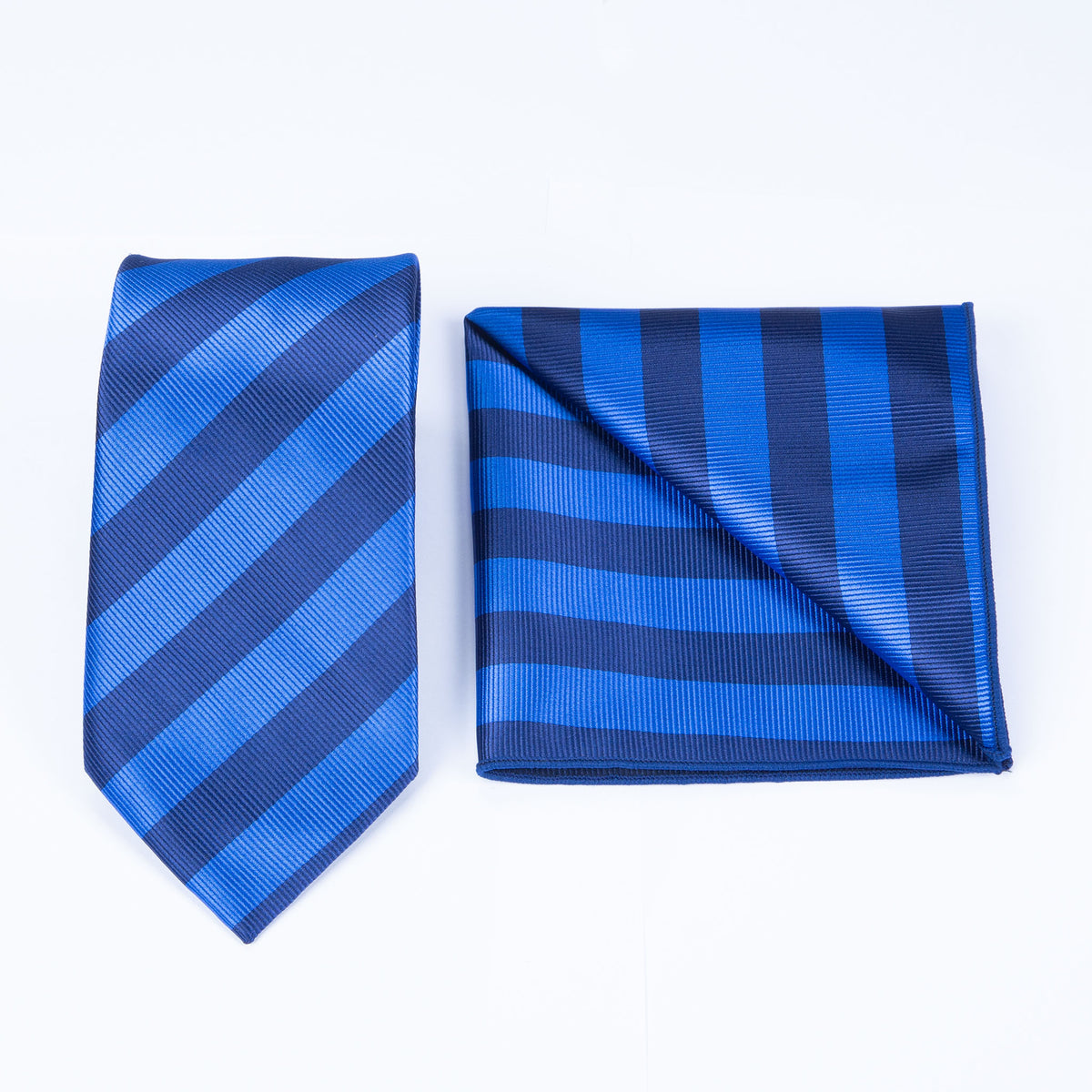 Shiny Blue Stripe Textured Tie and Pocket Square